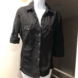 V-neck Button up Cotton blouse Top Collar neck, Black By James Perse